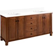 Signature Hardware Theroux 72" Double Vanity Set with Acacia Cabinet and Rectangular Porcelain Sinks - 8" Widespread Faucet Holes Tawny Brown / Arctic White