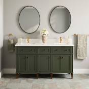Signature Hardware Elmdale 60" Double Vanity Set with Mahogany Cabinet and Rectangular Porcelain Sinks - Single Faucet Hole Dark Olive Green / Arctic White