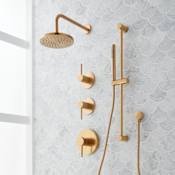 Signature Hardware Lexia Thermostatic Shower System with Rainfall Shower Head, Hand Shower, Slide Bar, Shower Arm, Hose, and Valve Trim - Rough-In Valve Included Brushed Gold