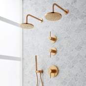 Signature Hardware Lexia Thermostatic Shower System with Dual Rainfall Shower Heads, Hand Shower, Shower Arm, Hose, and Valve Trim - Rough-In Valve Included Brushed Gold