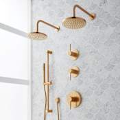 Signature Hardware Lexia Thermostatic Shower System with Dual Rainfall Shower Heads, Hand Shower, Slide Bar, Shower Arm, Hose, and Valve Trim - Rough-In Valve Included Brushed Gold