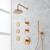 Signature Hardware Lexia Thermostatic Shower System with Rainfall Shower Head, Hand Shower, Bodysprays, Shower Arm, Hose, and Valve Trim - Rough-In Valve Included Brushed Gold