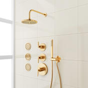 Signature Hardware Drea Thermostatic Shower System with Rainfall Shower Head, Hand Shower, Bodysprays, Shower Arm, Hose, and Valve Trim - Rough-In Valve Included Brushed Gold