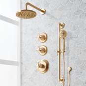 Signature Hardware Elita Thermostatic Shower System with Rainfall Shower Head, Hand Shower, Slide Bar, Shower Arm, Hose, and Valve Trim - Rough-In Valve Included Brushed Gold