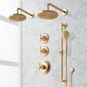 Signature Hardware Elita Thermostatic Shower System with Dual Rainfall Shower Heads, Hand Shower, Slide Bar, Shower Arm, Hose, and Valve Trim - Rough-In Valve Included Brushed Gold