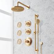 Signature Hardware Elita Thermostatic Shower System with Rainfall Shower Head, Hand Shower, Slide Bar, Bodysprays, Shower Arm, Hose, and Valve Trim - Rough-In Valve Included Brushed Gold