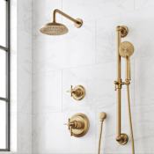 Signature Hardware Marceau Dual Control Pressure Balance Shower System with Shower Head, Cross Handles, Slide Bar, Hand Shower, Shower Arm, Hose, and Valve Trim - Rough-In Valve Included Aged Brass