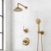 Signature Hardware Marceau Pressure Balanced Shower System with Shower Head, Lever Handles, Hand Shower, Hose, Valve Trim and Diverter - Accufit Rough-In Valve Included Aged Brass