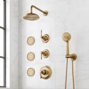 Signature Hardware Marceau Thermostatic Shower System with Shower Head, 3 Body Sprays, Lever Handles, Hand Shower, Shower Arm, Hose, and Valve Trim - Rough-In Valve Included Aged Brass