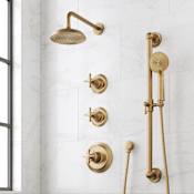 Signature Hardware Marceau Thermostatic Shower System with Shower Head, Cross Handles, Slide Bar, Hand Shower, Shower Arm, Hose, and Valve Trim - Rough-In Valve Included Aged Brass