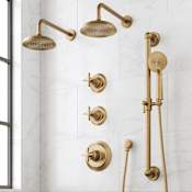 Signature Hardware Marceau Thermostatic Shower System with Dual Shower Heads, Cross Handles, Slide Bar, Hand Shower, Shower Arm, Hose, and Valve Trim - Rough-In Valve Included Aged Brass