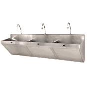 Sloan Triple Station Stainless Steel Scrub Sink with Sloan OPTIMA Sensor Activated Faucets with Shower Spray Head. Below Deck Thermostatic Mixing Valve. Chrome