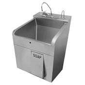 Sloan Deluxe Single Station Stainless Steel Scrub Sink with Sloan OPTIMA Sensor Activated Faucets with Laminar FlowSpray Head. Below Deck Thermostatic Mixing Valve. N/A