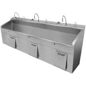 Sloan Deluxe Triple Station Stainless Steel Scrub Sink with Sloan OPTIMA Sensor Activated Faucets with Shower Spray Head. Below Above Thermostatic Mixing Valve. N/A