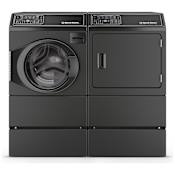 Speed Queen 27 Inch Wide 3.5 Cu. Ft. Front Load Washer and 27 Inch Wide 7 Cu. Ft. Electric Dryer Laundry Pair with Pedestals Matte Black