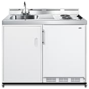 Summit 48 Inch Wide Mobile Kitchenette with Coil Burner Electric Cooktop, Sink, Faucet, and Refrigerator / Freezer - No Plumbing Required White