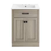 Swiss Madison Burdon 24" Free Standing Single Basin Vanity Set with Cabinet and Ceramic Vanity Top Weathered Oak / White