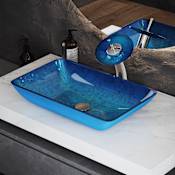 Swiss Madison Cascade 22-1/4" Rectangular Glass Vessel Bathroom Sink with Faucet Ocean Blue