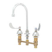 T and S Brass Deck Mounted Medical Faucet with 8" Centers, Swivel Gooseneck, 1.5 GPM Aerator and 4" Wrist Action Handles Chrome