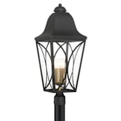 The Great Outdoors Cardigan 4 Light 28" Tall Post Light with Clear Glass Shade Sand Coal Black / Olden Brass