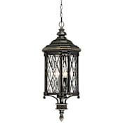 The Great Outdoors Bexley Manor 4 Light 32" Tall Outdoor Pendant with Clear Beveled Glass Black with Gold Highlights