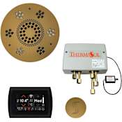 ThermaSol SignaTouch Steam Shower Kit - Includes Control Panel, Round Light and Sound Shower Head, Round Steam Head, and Digital Shower Valve Black / Antique Brass