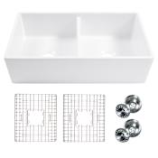 Thompson Traders 36" Farmhouse Double Basin Fireclay Kitchen Sink with Basin Rack and Basket Strainer Gloss White