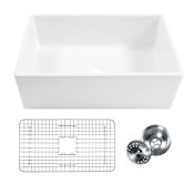 Thompson Traders 30" Farmhouse Single Basin Fireclay Kitchen Sink with Basket Strainer and Basin Rack Gloss White
