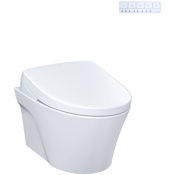 TOTO AP Wall-Hung 0.9 / 1.28 GPF Dual Flush Elongated Chair Height Toilet with Washlet+ S7 Bidet Seat in Cotton White, Duo-Fit Tank System, and Matte Silver Push Plate Flush. Matte Silver