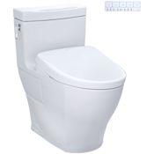 TOTO Aimes 1.28 GPF One Piece Elongated Chair Height Toilet with Washlet+ S7 Bidet Seat, Tornado Flush, CEFIONTECT Glaze, EWATER+, PREMIST, and Night Light Cotton