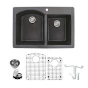 Transolid Aversa 33" Drop In Double Basin Granite Kitchen Sink with Basin Rack and Basket Strainer Black