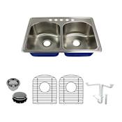 Transolid Meridian 33" Drop In Double Basin Stainless Steel Kitchen Sink with Basin Rack and Basket Strainer Brushed Stainless Steel