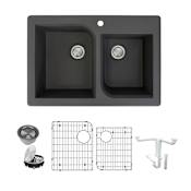 Transolid Radius 3-1/16" Drop In Double Basin Granite Kitchen Sink with Basin Rack and Basket Strainer Black