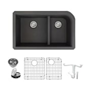 Transolid Radius 31-3/4" Undermount Double Basin Granite Kitchen Sink with Basin Rack and Basket Strainer Black