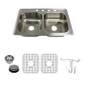 Transolid Select 33" Drop In Double Basin Stainless Steel Kitchen Sink with Basin Rack and Basket Strainer Brushed Stainless Steel