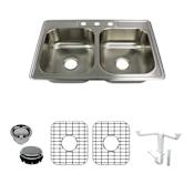 Transolid Select 33" Drop In Double Basin Stainless Steel Kitchen Sink with Basin Rack and Basket Strainer Brushed Stainless Steel