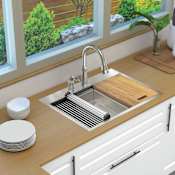 Transolid 30" Drop In Single Basin Stainless Steel Kitchen Sink with Basin Rack, Basket Strainer, Colander and Cutting Board Stainless