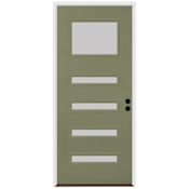 Trimlite Contemporary 38" by 82" Frosted Glass Left Handed Pre-Hung Entry Door with 6-9/16" Door Jamb, Satin Nickel Hinges, and Bronze Sill Primed