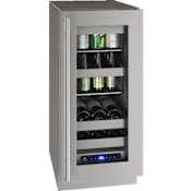 U-Line 15 Inch Wide 8 Wine Bottle and 54 Can Capacity Built-In or Free Standing Wine and Beverage Cooler with Door Lock, LED Lighting, and Left Swing Door Stainless Steel Glass