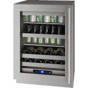 U-Line 24 Inch Wide 14 Wine Bottle and 111 Can Capacity Built-In or Free Standing Wine and Beverage Cooler with Door Lock, LED Lighting, and Left Swing Door Stainless Steel Glass