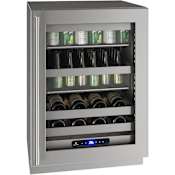 U-Line 24 Inch Wide 14 Wine Bottle and 111 Can Capacity Built-In or Free Standing Wine and Beverage Cooler with Door Lock, LED Lighting, and Right Swing Door Stainless Steel Glass
