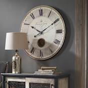 Uttermost Harrison Gray 30" Round Vintage Wall Clock with Internal Pendulum with Peep Hole Brass