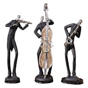 Uttermost Musicians Set of 3 Figurines Playing Saxophone, Violin and String Bass Slate Gray With Silver Plated Accents And Dark Chestnut Brown Bases.
