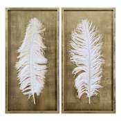 Uttermost White Feathers Two Piece Shadow Box Set by Grace Feyock Rich Gold Leaf