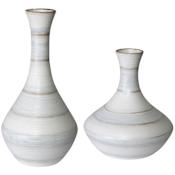 Uttermost Potter Set of (2) Handcrafted Ceramic Fluted Striped Vases White / Blue / Tan