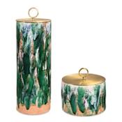Uttermost Sylvie 18-1/4" Tall Ceramic and Iron Canisters - Set of 2 Antique Brass / Green / Pink