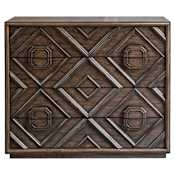 Uttermost Mindra 43" Wide 4 Drawer Transitional Dresser / Chest with Mini Veneer and Carved Molding Front by Taylor West Distressed Deep Walnut
