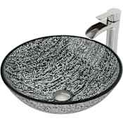 Vigo Giovanni 17" Circular Glass Vessel Bathroom Sink with 1.2 GPM Waterfall 11" H Deck Mounted Bathroom Faucet and Pop-Up Drain Assembly PVD Brushed Nickel