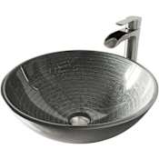 Vigo Giovanni 17" Circular Glass Vessel Bathroom Sink with 1.2 GPM Waterfall 11" H Deck Mounted Bathroom Faucet and Pop-Up Drain Assembly PVD Brushed Nickel