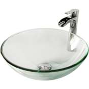 Vigo Giovanni 17" Circular Glass Vessel Bathroom Sink with 1.2 GPM Waterfall 11" H Deck Mounted Bathroom Faucet and Pop-Up Drain Assembly Crystalline / Chrome